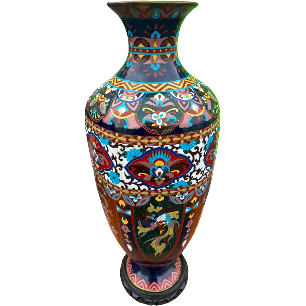 25.5” Japanese Cloisonné Enamal Vase with hardwood stand
